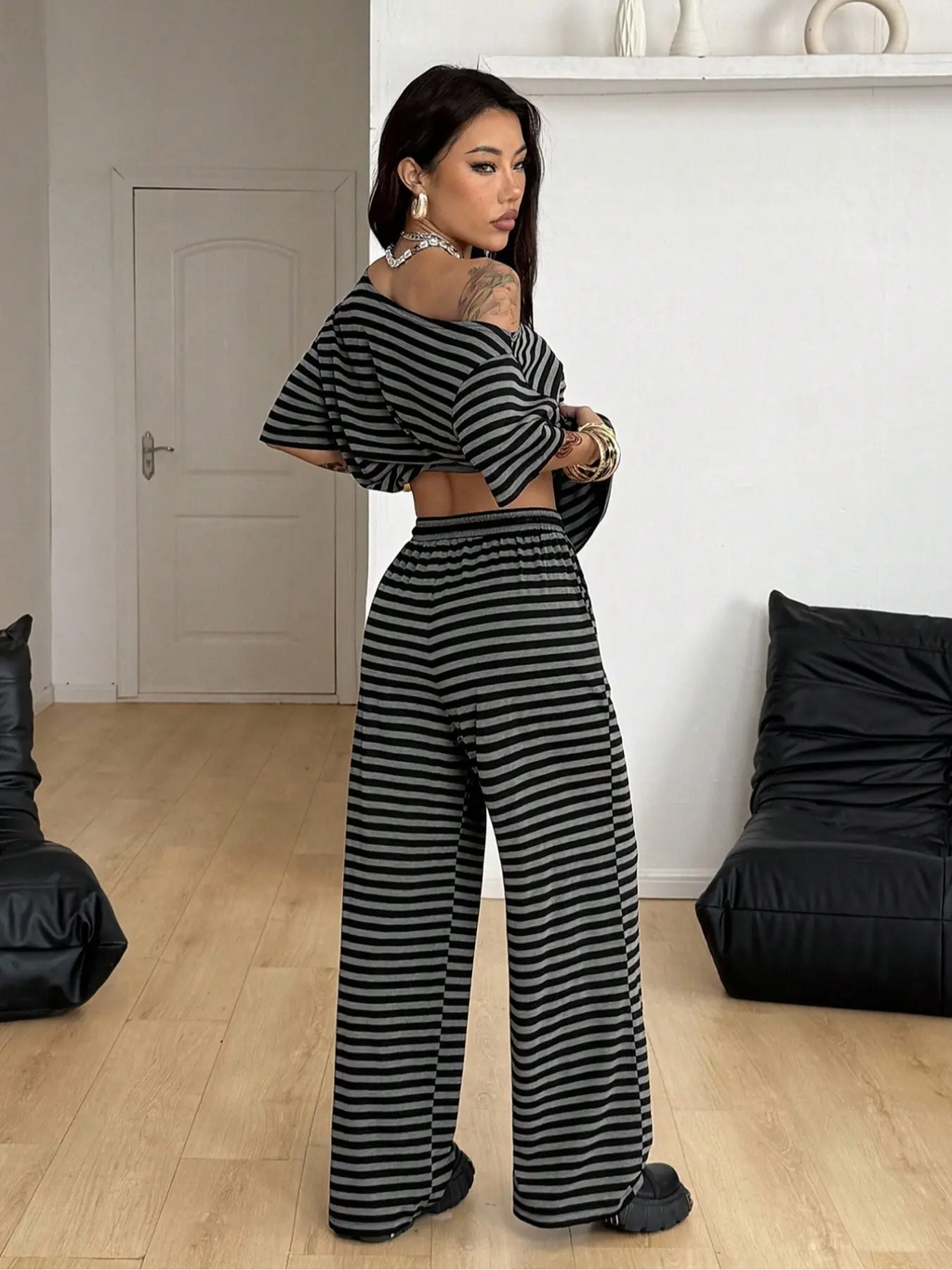 Women's Striped Two-Piece Set – Shoulder-Exposed Top & Wide-Leg Pants
