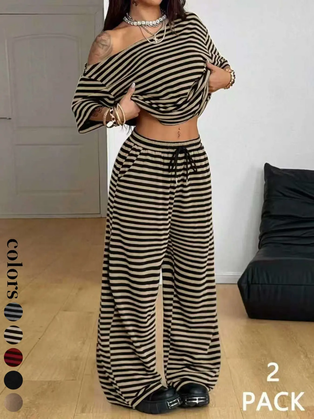 Women's Striped Two-Piece Set – Shoulder-Exposed Top & Wide-Leg Pants