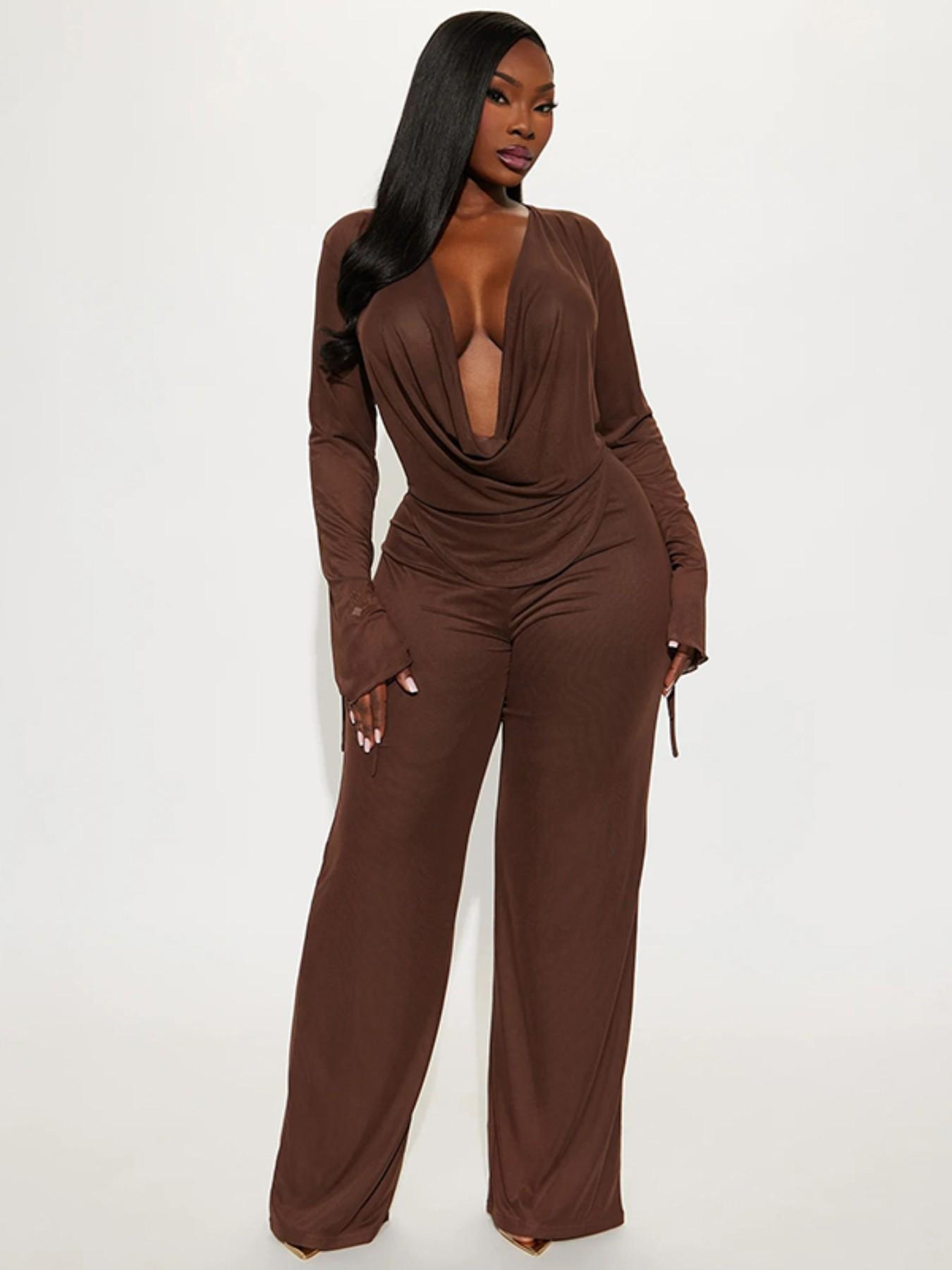 Women's Deep V Neck Blouse Set – Cropped Top & High-Waist Pants