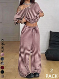 Women's Striped Two-Piece Set – Shoulder-Exposed Top & Wide-Leg Pants