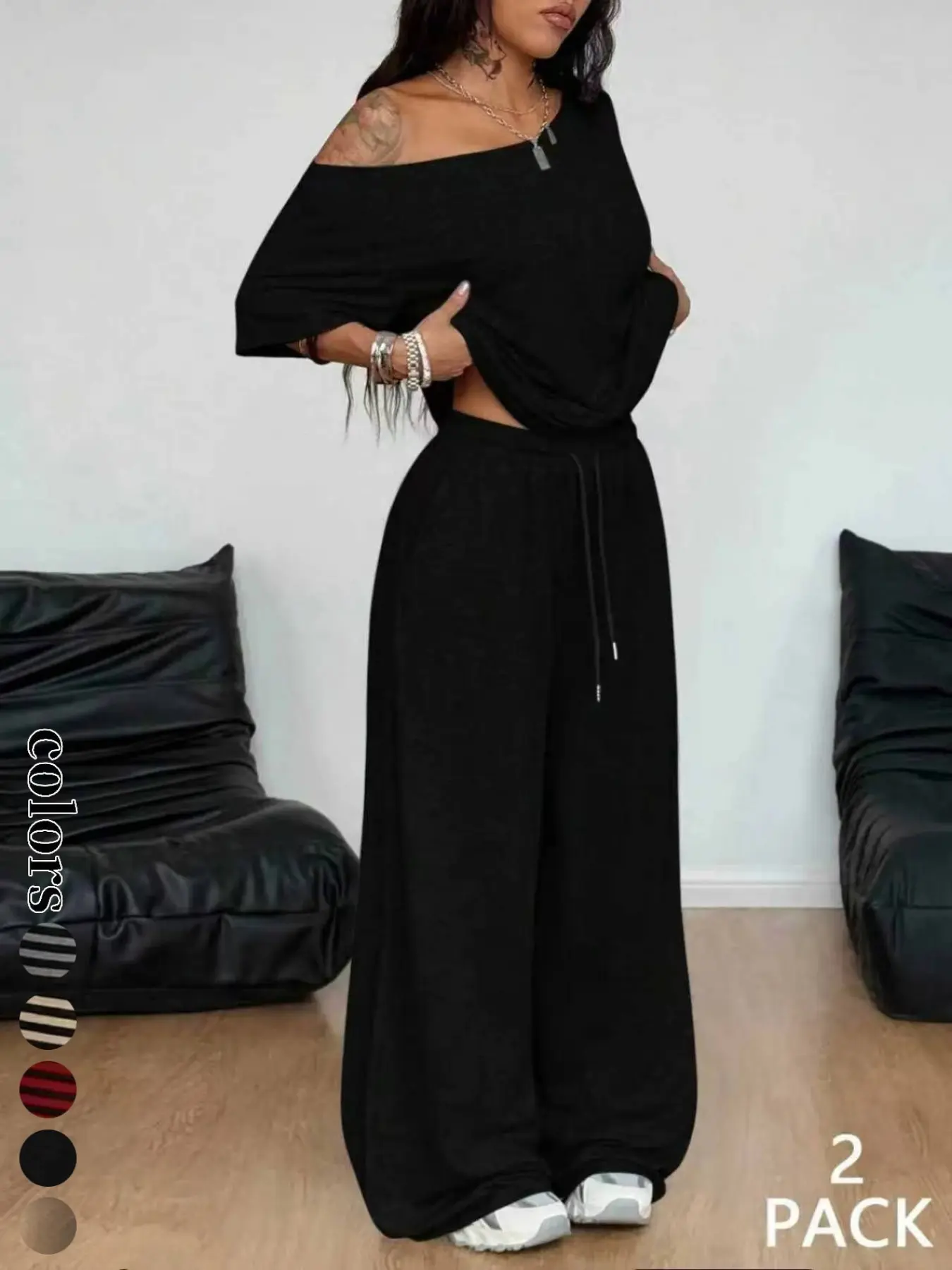 Women's Striped Two-Piece Set – Shoulder-Exposed Top & Wide-Leg Pants