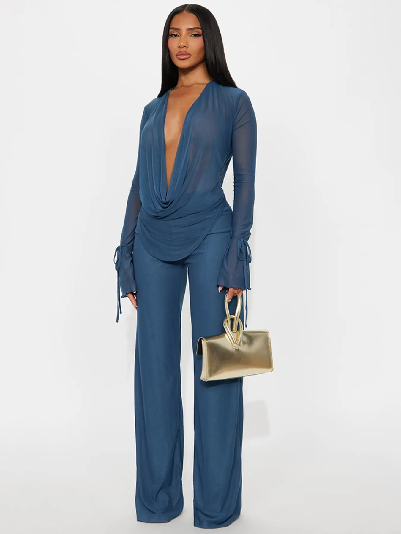Women's Deep V Neck Blouse Set – Cropped Top & High-Waist Pants