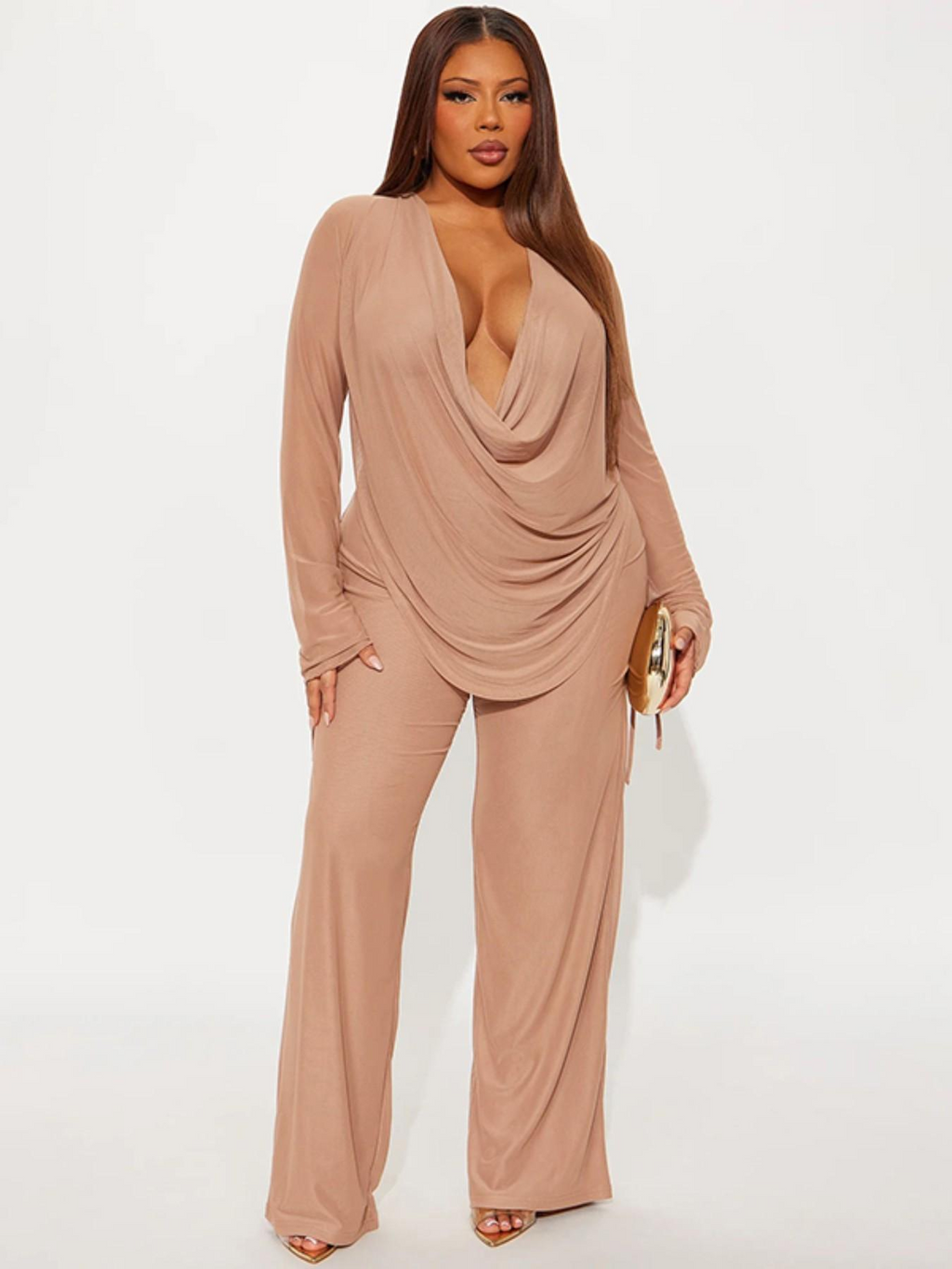 Women's Deep V Neck Blouse Set – Cropped Top & High-Waist Pants