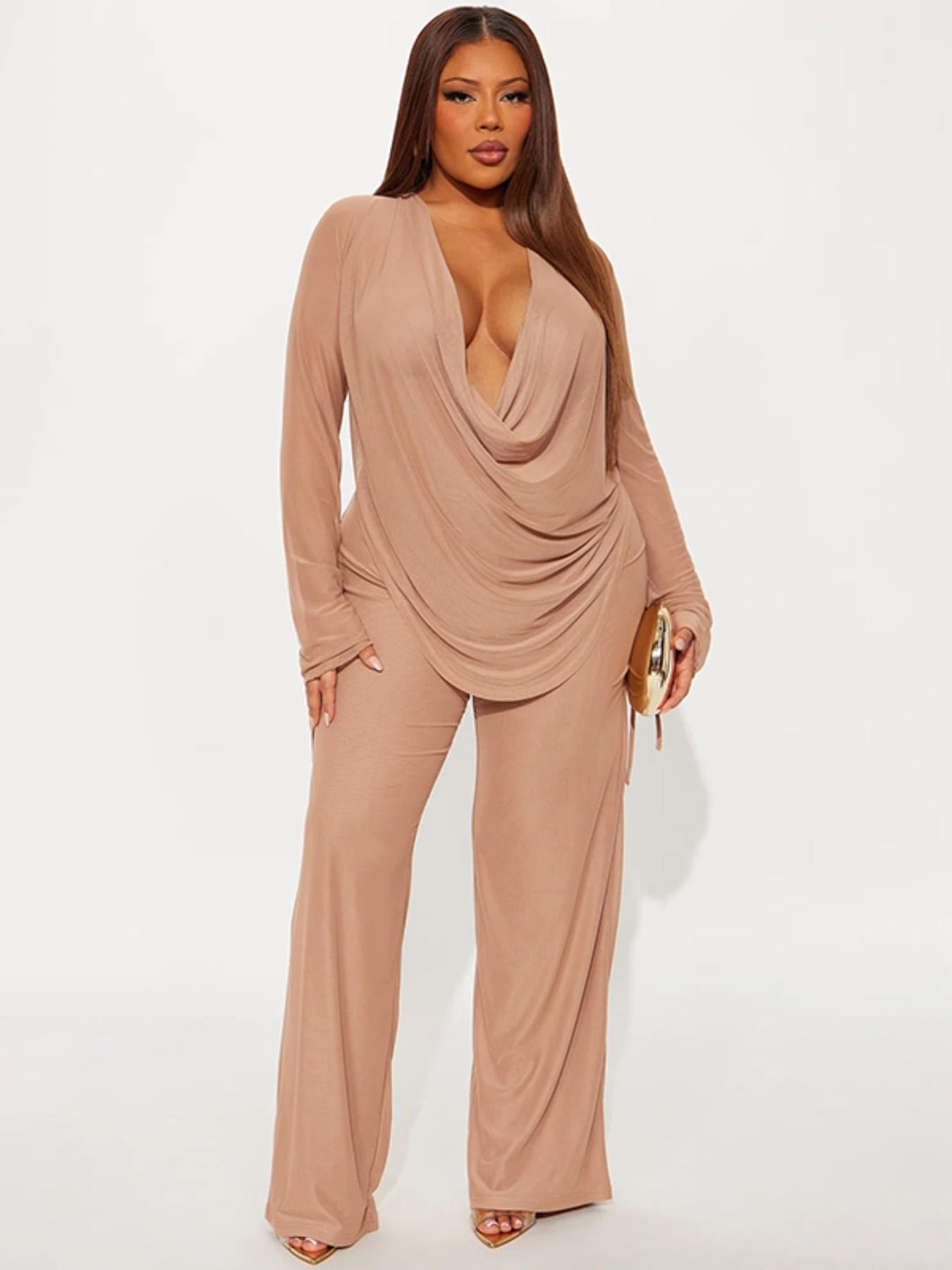 Women's Deep V Neck Blouse Set – Cropped Top & High-Waist Pants