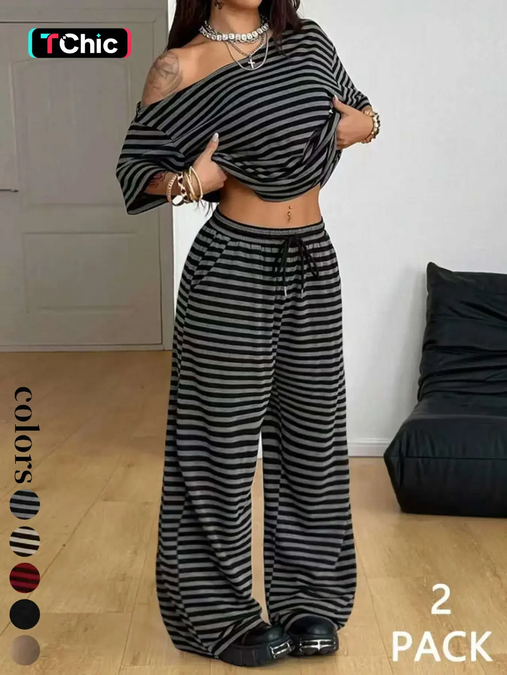 Women's Striped Two-Piece Set – Shoulder-Exposed Top & Wide-Leg Pants