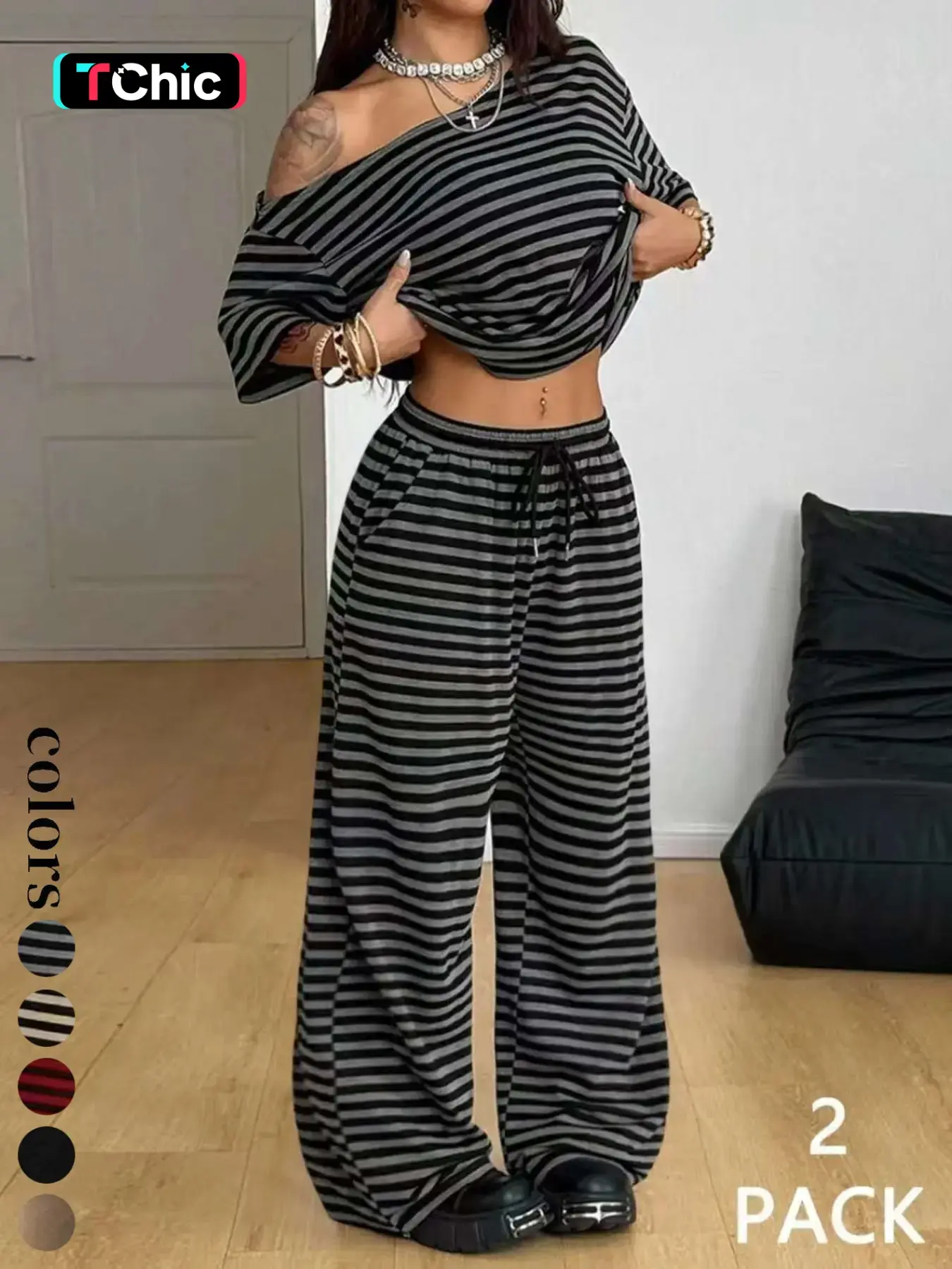 Women's Striped Two-Piece Set – Shoulder-Exposed Top & Wide-Leg Pants
