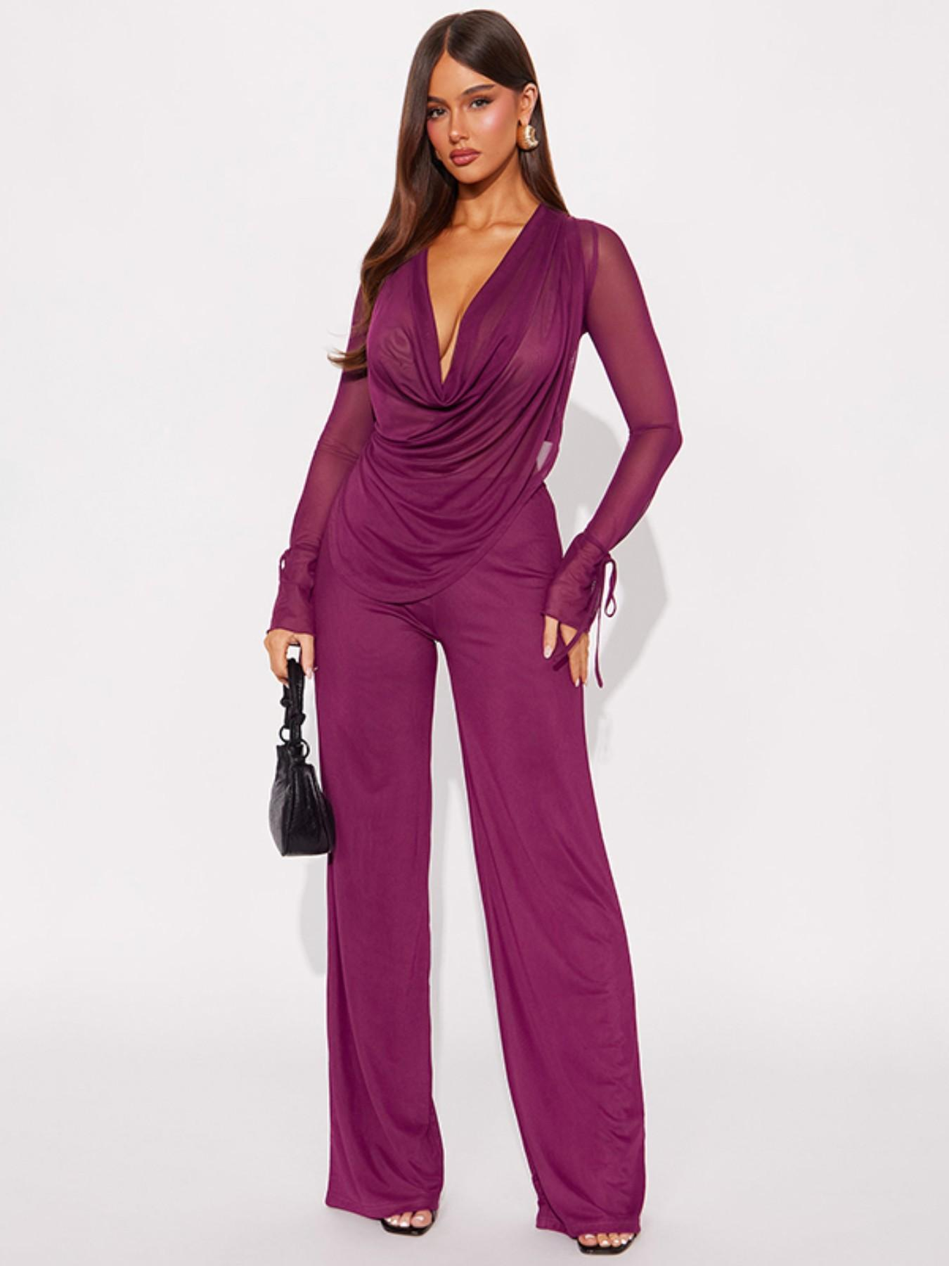 Women's Deep V Neck Blouse Set – Cropped Top & High-Waist Pants
