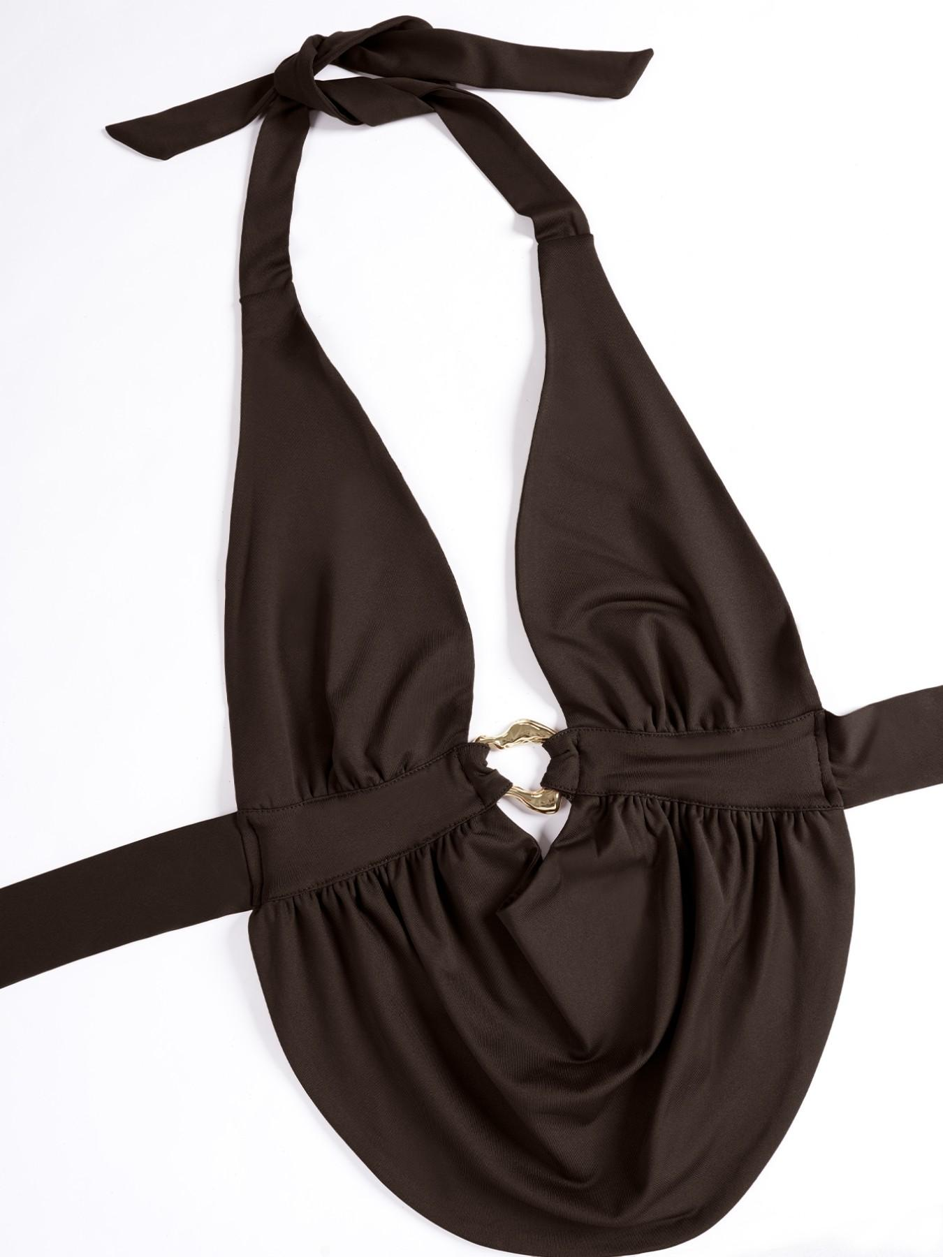 Brown Halter Deep V Neck Drape Short Top