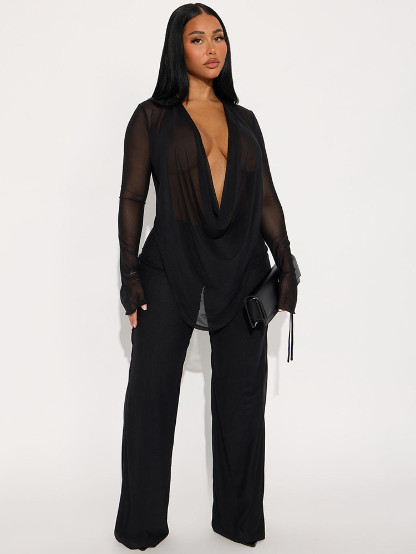 Women's Deep V Neck Blouse Set – Cropped Top & High-Waist Pants